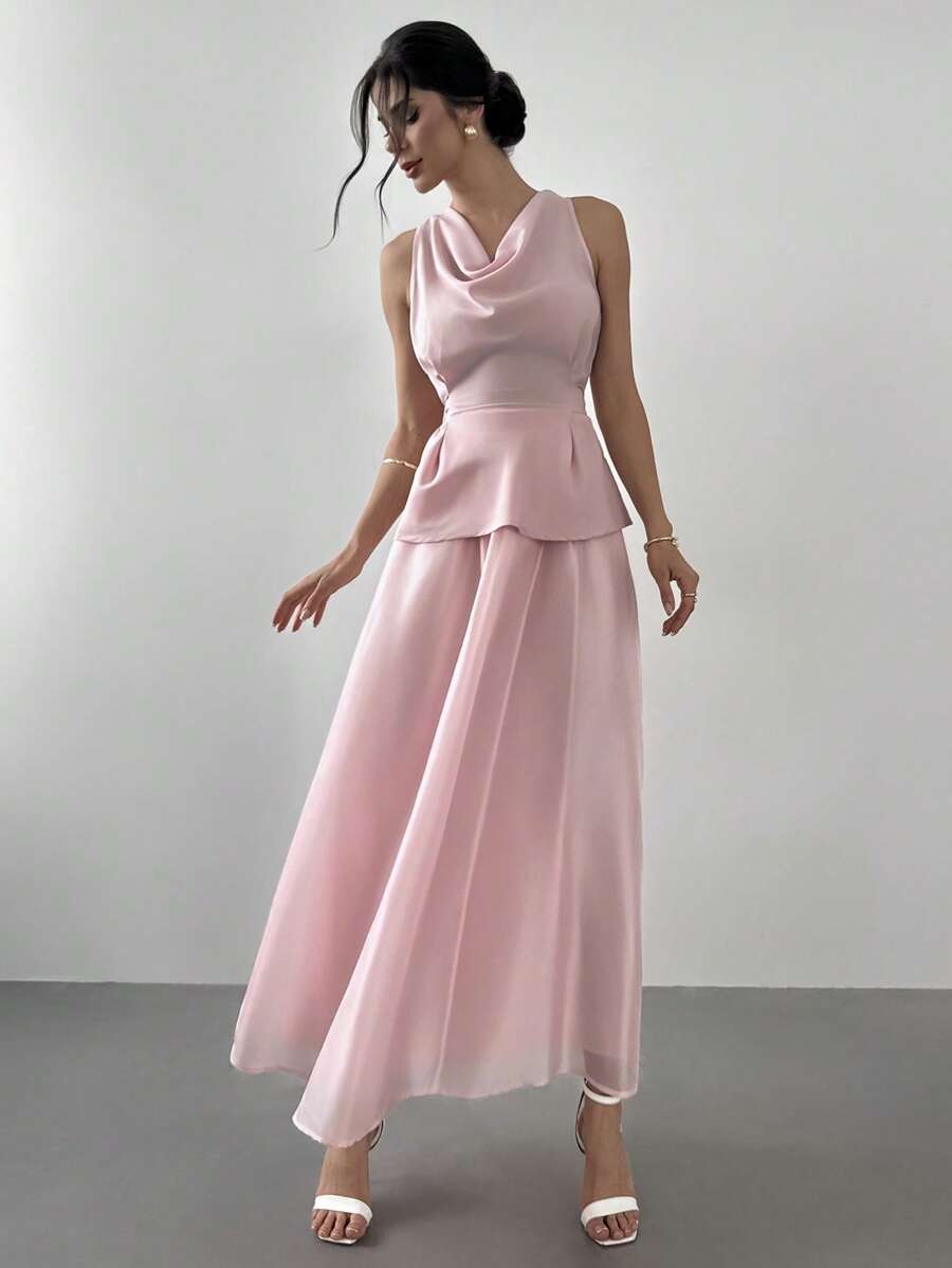 Firerie 女士新款纯粉色欧根纱闪亮裙荷叶边领背心休闲优雅两件套西装/夏装/毕业装/度假装/荷叶边短裤/可爱夏季上衣/女士婚礼宾客礼服/女士教堂装/女士夏季装