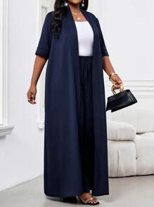 SHEIN Lady 春夏优雅通勤办公室海军蓝梭织长款短袖加大码套装女士夏季服装女士办公室服装度假两件套女士夏季服装女士办公室服装，2 件夏季服装