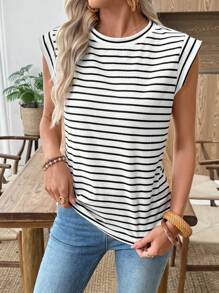EMERY ROSE Women's Summer Striped Round Neck Cap Sleeve Casual Versatile T-Shirt Going Out Tops Women - Black and White - View 5