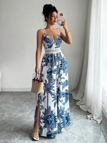 Elenzga 女装夏季新款优雅休闲假日腰部镂空花卉太阳印花V领无袖束腰阔腿连体裤 - 藍白色 - 查看 1