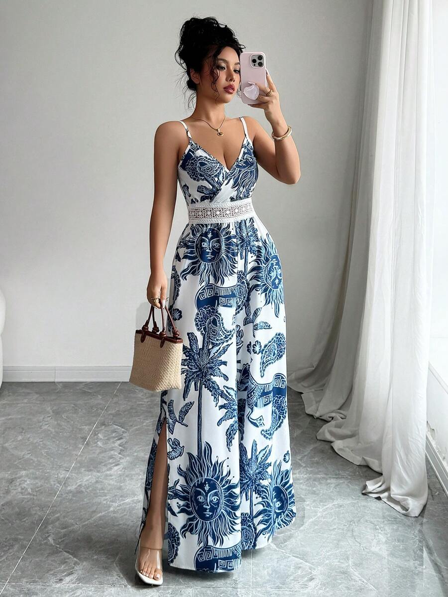 Elenzga 女装夏季新款优雅休闲假日腰部镂空花卉太阳印花V领无袖束腰阔腿连体裤 - 藍白色 - 查看 1