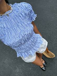 Siren Gaze Ruffle Collar Pleated Blouse Top, Blue/White Stripe Blue Striped Top Blue And White Top Blue Summer Top Striped Blouse Summer Blouse Casual - Blue and White - View 3