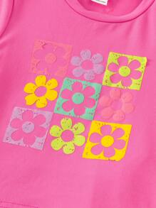 Conjunto de 2 piezas para niñas: Camiseta de manga corta con gráfico floral y shorts de mezclilla bordados