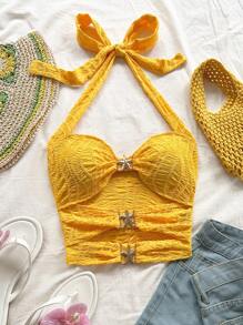 Soleia Canotta donna senza schienale con decorazione a stella metallica a cinque punte, stile aderente adatto per vacanze, appuntamenti, tè pomeridiano, vacanze, festival musicali, stile boho estivo, canotta gialla, top estivo giallo, vacanza - Giallo - Visualizzare 7