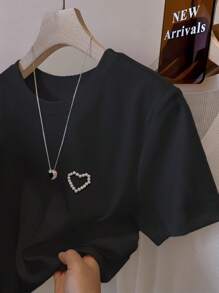INAWLY Women Regular Faux Pearl Heart Round Neck Short Sleeve T-Shirt, Summer - Black - View 1