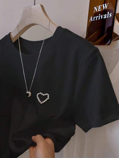 INAWLY Women Regular Faux Pearl Heart Round Neck Short Sleeve T-Shirt, Summer
