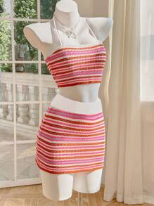 Skyraze Conjunto Retrô de Top Alça de Pescoço Colorida com Listras para Mulheres