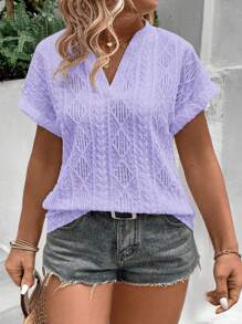 SHEIN LUNE CURVE Plus Size Plain V-Neck Casual Short Sleeve T-Shirt, Suitable For Summer - Purple - View 3