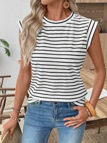 EMERY ROSE Women's Summer Striped Round Neck Cap Sleeve Casual Versatile T-Shirt Going Out Tops Women - Black and White - View 3