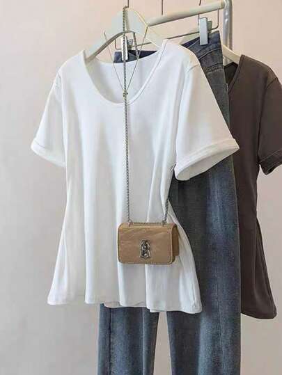 SHEIN Áo thun nữ cổ tròn tay ngắn màu trơn tối giản cỡ lớn, mùa hè