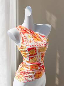 Lunelith SHEIN Lunessa Top court moulant avec épaule asymétrique froissée à la taille, imprimé graphique coloré. Décontracté, plage, élégant, mignon, quotidien, sortie, été pour femme