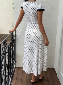 SHEIN Unity Đầm midi tay bồng, cổ chữ V, họa tiết chấm bi xanh navy và trắng, viền ren, họa tiết hoa, thiết kế tối giản, thanh lịch dành cho nữ, mùa xuân/hè - trắng - Xem 2