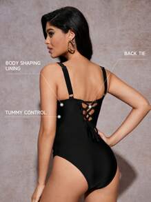 Shapewave Plus Size One-Piece Swimsuit, Black Solid Color, Waist-Shaping, Suitable For Beach Holiday In Summer - Black - View 2