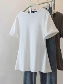 SHEIN 大码女式纯色简约圆领短袖T恤上衣，夏季 - 白色 - 查看 2