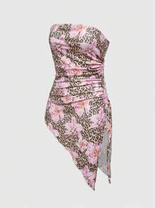 ROMWE J-Fashion Women Leopard & Floral Print Asymmetric Ruched Hem Blouse, Summer Vacation - Multicolor - View 4