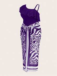 Swim Oasis Bộ đồ bơi liền thân họa tiết ngựa vằn cỡ lớn 2025 cho nữ màu trơn không đối xứng xếp nếp có váy quấn - Màu tím - Xem 3