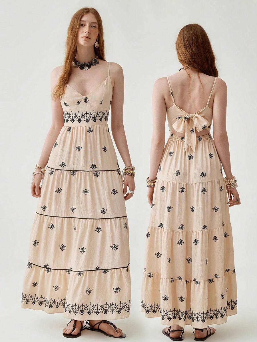 Florisole Bohemian Style Vacation Embroidered Multi-Layer Patchwork Dress For Women - Apricot - View 1