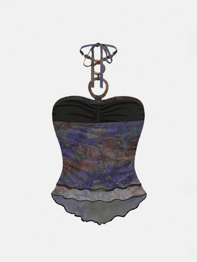 J-Fashion Top corto halter sin espalda con estampado de flores de anacardo retro, estilo hippie