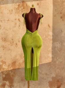 Amplova Đầm bodycon hở lưng xếp nếp hở cao thắt nơ dây mảnh - màu xanh lá - Xem 5