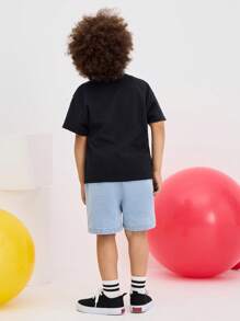 SHEIN Young Boy Casual Simple Comfortable Round Neck Short Sleeve Star Print T-Shirt - Black - View 2
