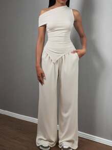 SHEIN 2 pezzi Set di maglietta a spalla obliqua con arricciature elastiche e pantaloni larghi in maglia color albicocca, abbigliamento per ragazze adolescenti