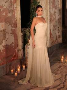 Glamrae Elegante vestido largo de gala con falda de sirena, cintura alta, decoración de volantes, malla brillante y fluida sin tirantes de color morado claro, con espalda ajustable con lazo (con lentejuelas desmontables para versatilidad), vestido de noche formal - Albaricoque - Ver 7