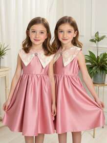 SHEIN Vestido casual cómodo sin mangas de cuello redondo con gráfico de collage para niña joven - Rosa - Ver 3