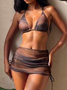 Swim Vcay 全新棕色扎染打结侧高腰丁字裤，抽绳侧网纱裙，3 件套海滩度假女士比基尼套装 - 彩色 - 查看 7