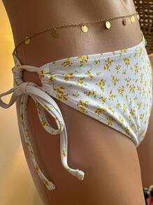 SHEIN MOD 3pcs Set:White Floral Bikini With Lattice Back Strap,Ruffled Mini Skirt Cover Up,Summer Tropical Bathing Suit For Beach Vacation,Pool Party,Holiday - Yellow - View 3