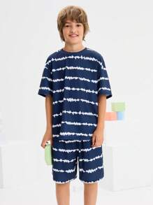 SHEIN Set 2 Potong Kaos dan Celana Pendek Leher Bulat Kasual Minimalis Nyaman untuk Anak Laki-Laki Remaja - Royal Blue - View 1