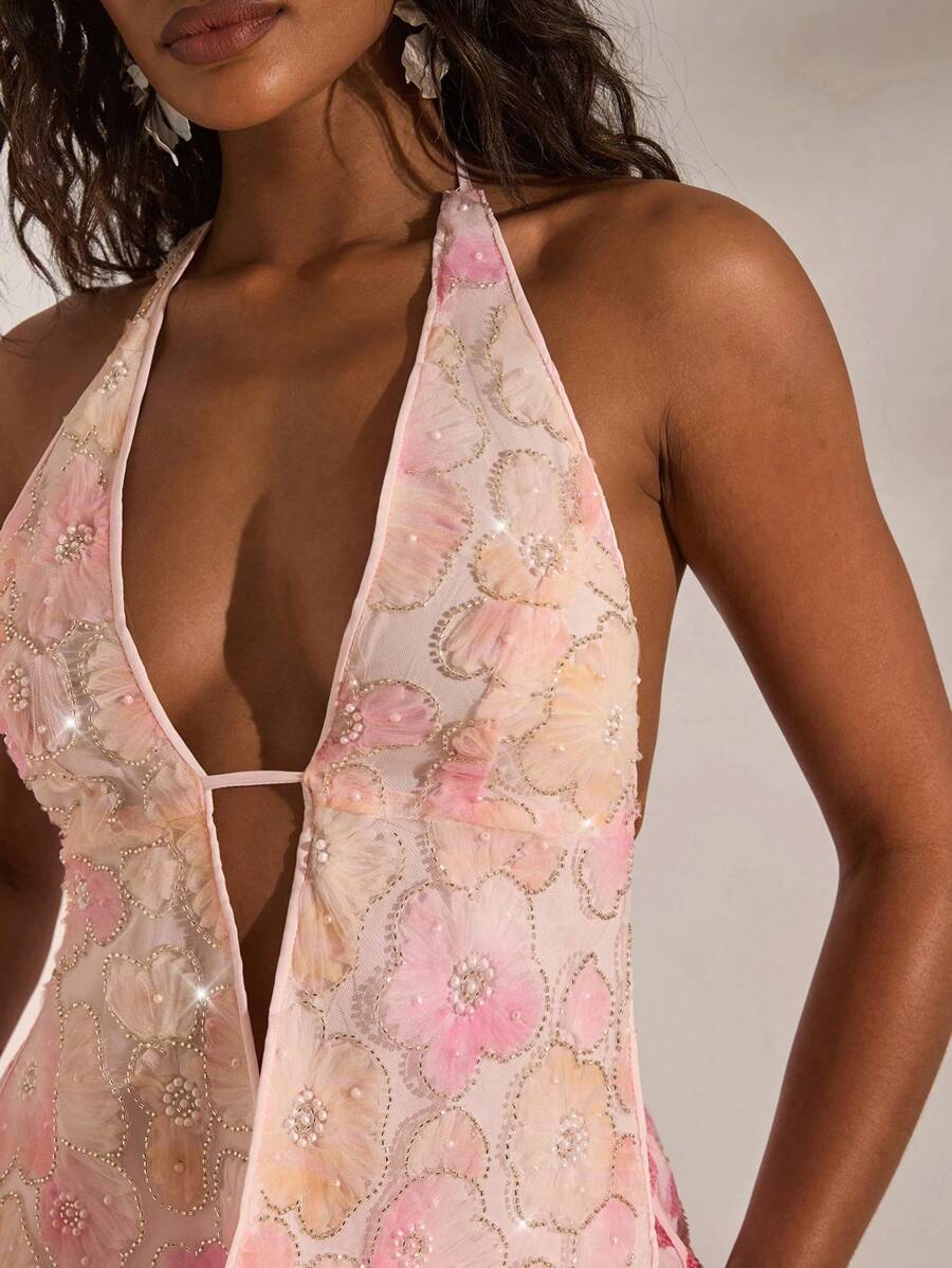 Opulessa Halter Backless Beaded Embroidery Woven Women's Sleeveless Top, Sexy Holiday Summer Vacation - Pink - View 1