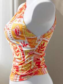 Lunelith SHEIN Lunessa Top court moulant avec épaule asymétrique froissée à la taille, imprimé graphique coloré. Décontracté, plage, élégant, mignon, quotidien, sortie, été pour femme