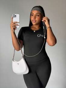 Rhythm Era 2pcs Women Casual Fitted Short Sleeve Top And Skinny Leggings Set, For Spring/Summer, Plus Size Sports Outfit