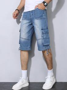 Manfinity Homme Men's Multi-Pocket Casual Loose Denim Shorts - Light Wash - View 3