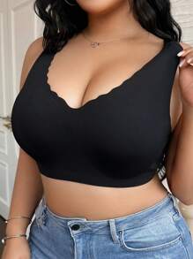 SHEIN 1 件大码女士纯色无钢圈文胸 - 黑色 - 查看 5