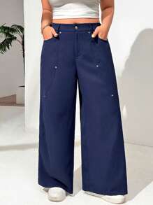 SHEIN EZwear Plus Size Navy Casual Cargo Pants, Summer - Navy Blue - View 4