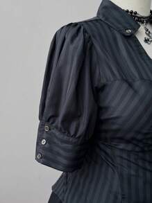 Sweetra Plus Size Women's Solid Color Ruffle Short Puff Sleeve Casual Blouse - Black - View 7