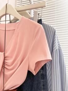 Women's Casual Solid Color Short Sleeve T-Shirt, Versatile For Summer - Pink - View 5