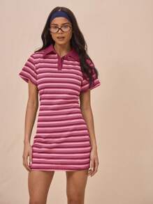 MUSERA 修身短袖条纹翻领纽扣迷你连衣裙，优雅休闲可爱，适合度假、夏季、伊比沙岛婚礼宾客、秋季返校季等各种场合。 - 粉色 - 查看 1