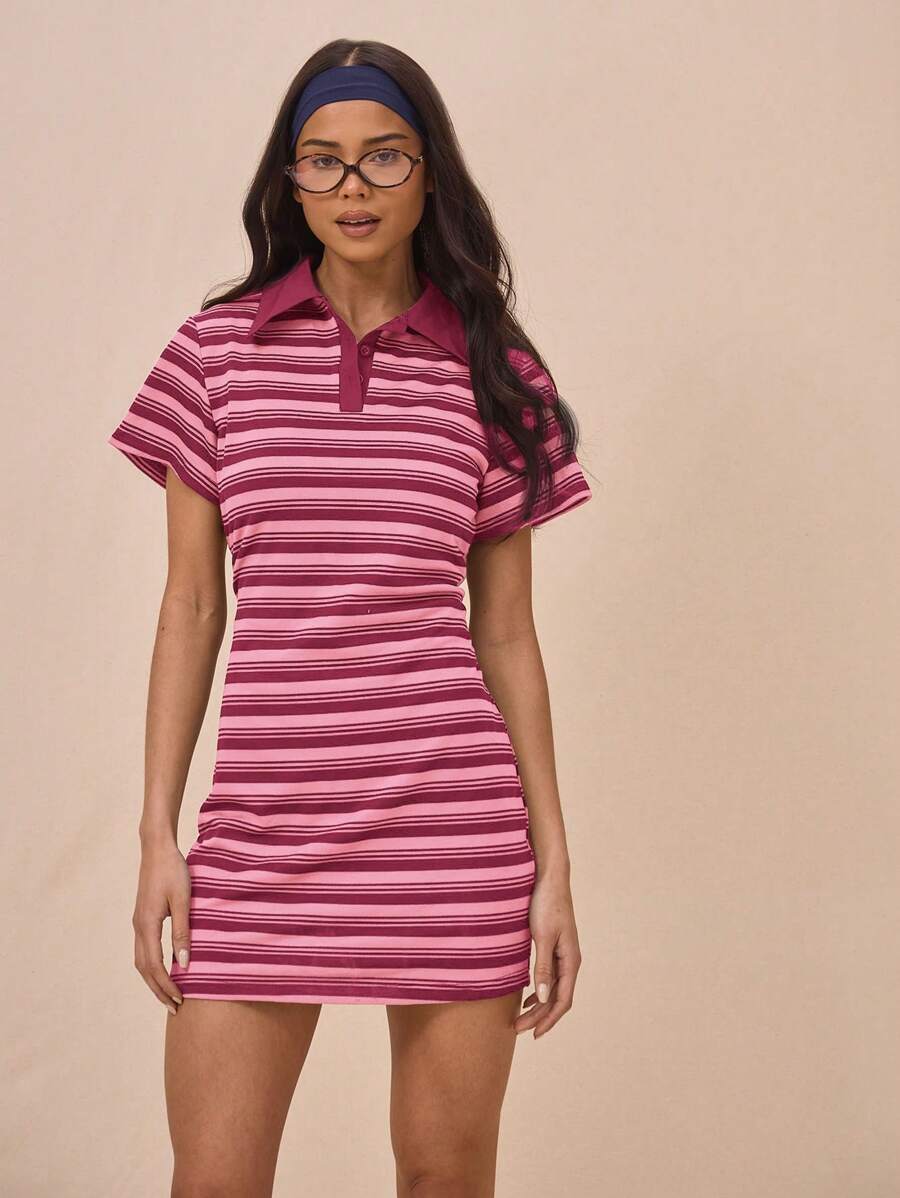 MUSERA 修身短袖条纹翻领纽扣迷你连衣裙，优雅休闲可爱，适合度假、夏季、伊比沙岛婚礼宾客、秋季返校季等各种场合。 - 粉色 - 查看 1