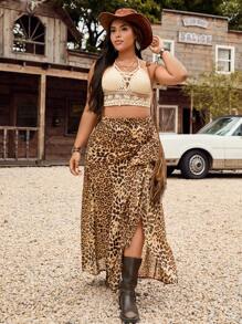 LanaWest Falda de gasa semi transparente con estampado de leopardo, cintura alta con ajuste en la cintura y abertura lateral, elegante para ocasiones festivas, talla grande para mujer - Multicolor - Ver 5