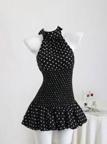 Elamini Polka Dot High Neck Waist Back Cut-Out Tie-Up Hem Contrast Ruffle Mini Dress, Elegant & Romantic For Beach, Daily Outing, Date