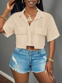 Slaydiva 2025 新款女士休闲街头口袋短袖衬衫领宽松短款白色落肩衬衫女衬衫，春夏，休闲日常穿着，音乐节 - 杏色 - 查看 5