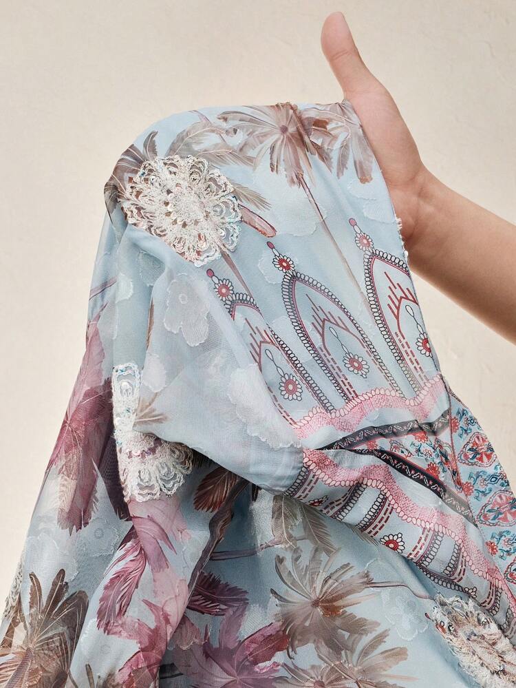 Women Spring/Summer New Arrival Stand Collar Long Sleeve Vacation Style Palm Tree Print Waisted Elegant Dress