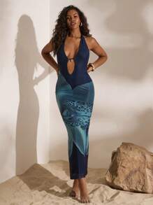 Opulessa 女式针织网眼印花露背吊带连衣裙 - 棕色 - 查看 5