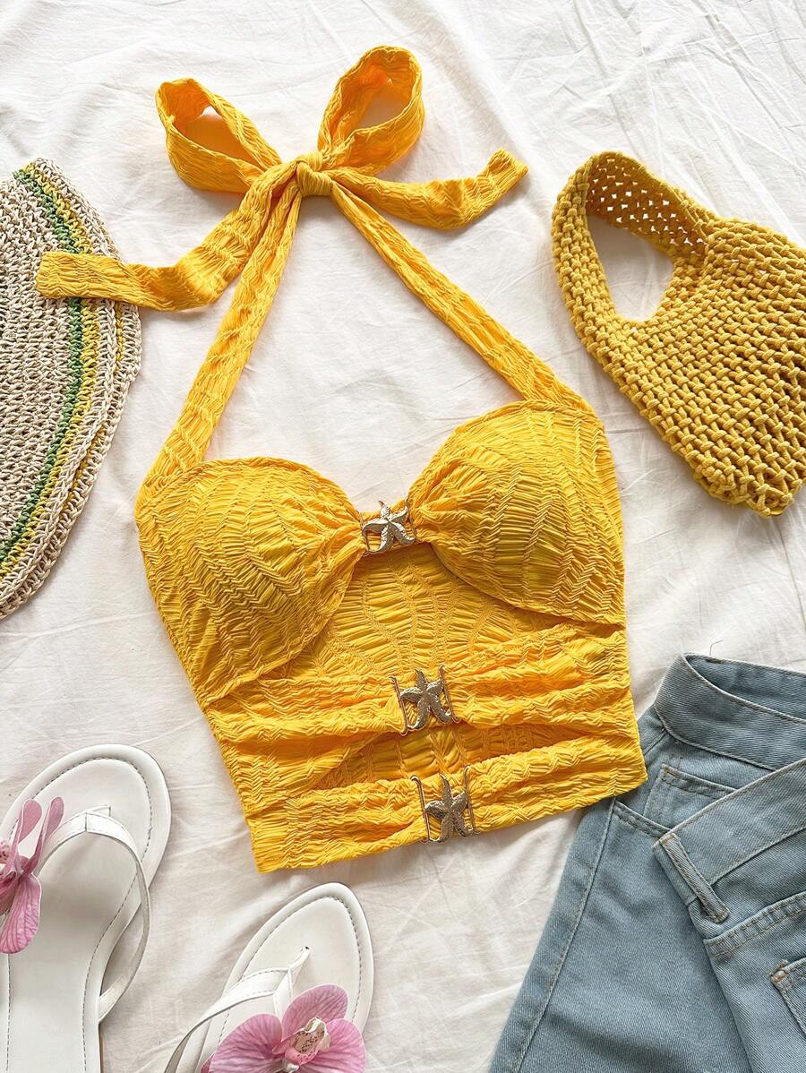 Soleia Canotta donna senza schienale con decorazione a stella metallica a cinque punte, stile aderente adatto per vacanze, appuntamenti, tè pomeridiano, vacanze, festival musicali, stile boho estivo, canotta gialla, top estivo giallo, vacanza - Giallo - Visualizzare 1