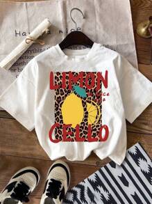 SHEIN LUNE Leoparden-Muster & Zitronen-Muster Kurzarm T-Shirt in großen Größen für den Sommer, vielseitig einsetzbar
