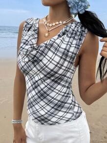 SHEIN EZwear Ärmelloses Crop-Top mit U-Ausschnitt und kariertem Mesh im Y2K-Stil, modisch für den Sommer - Verschiedenfarbig - Übersicht 4