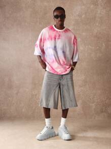 SUMWON 复古阔腿木匠牛仔短裤膝盖以下长度节日夏季街头滑板风格宽松毛边男式短裤 - 灰色 - 查看 3