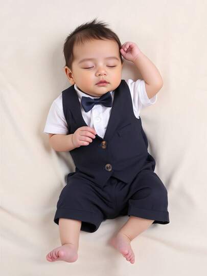 SHEIN 新生儿单排扣短袖衬衫和短裤套装、摄影服装和道具